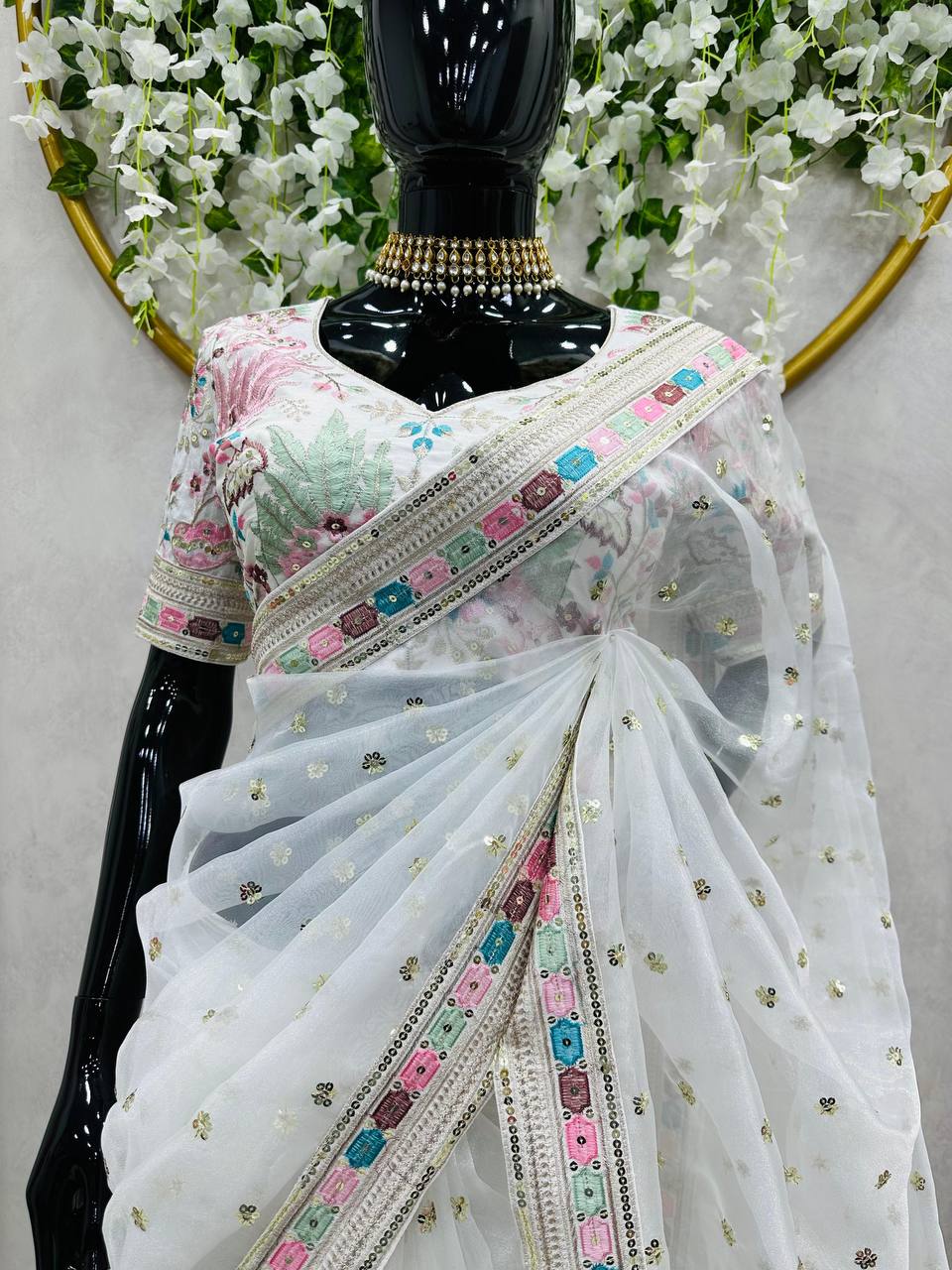 Attractive Organza Silk Fabric Thread And Sequence Work Saree