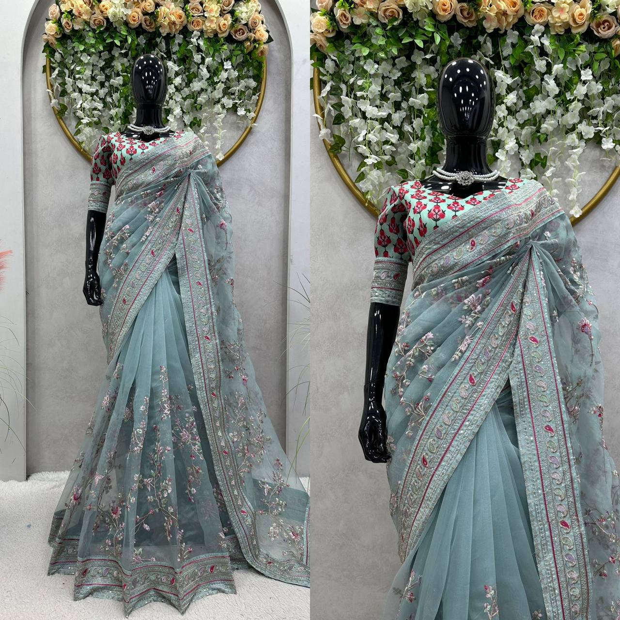 Designer Heavy Organza Silk Fabric Thread And Sequence Work Saree