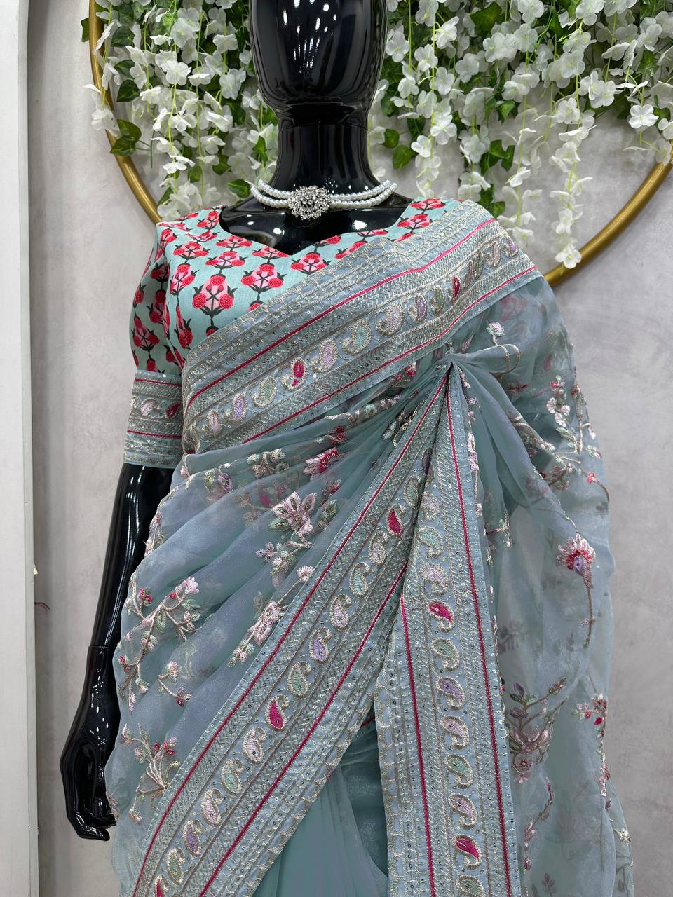 Designer Heavy Organza Silk Fabric Thread And Sequence Work Saree