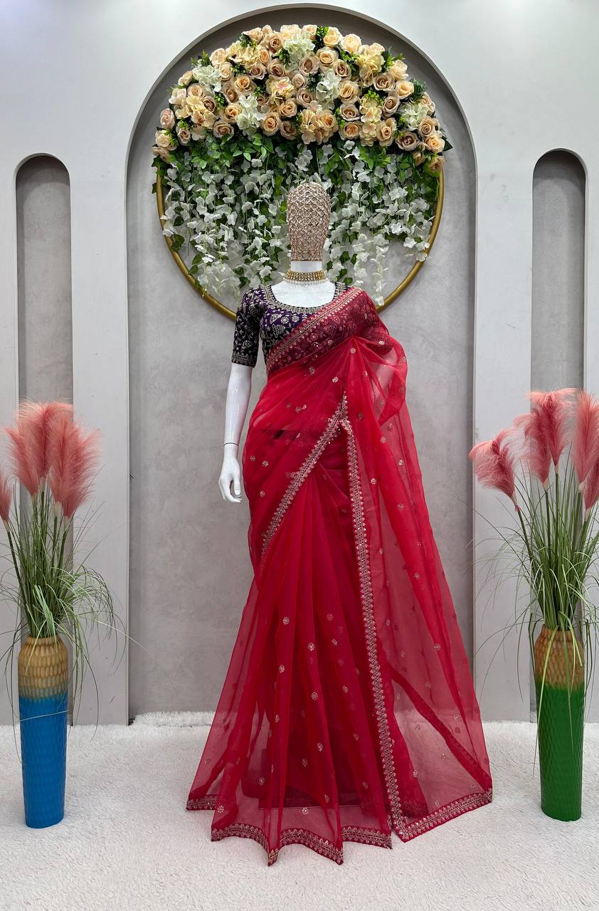 Fashionable Red Colour Heavy Organza Silk Fabric Thread And Sequence Work Saree