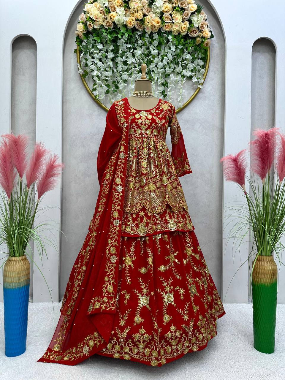 Designer Red Colour Heavy Georgette Fabric Thread And Sequence Work Lehenga With Dupatta