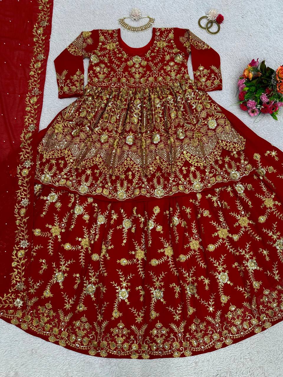 Designer Red Colour Heavy Georgette Fabric Thread And Sequence Work Lehenga With Dupatta