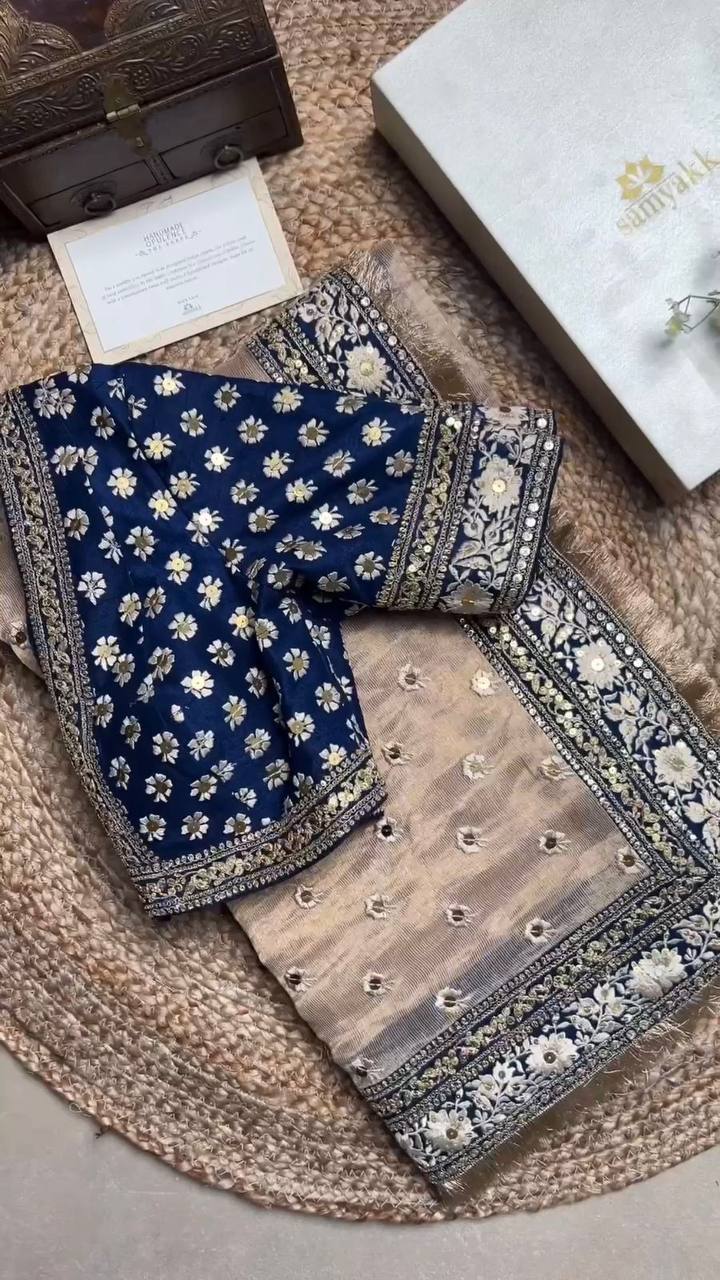 Beautiful Heavy Tissu Silk Fabric Thread Sequence Work With Fancy Lace Saree