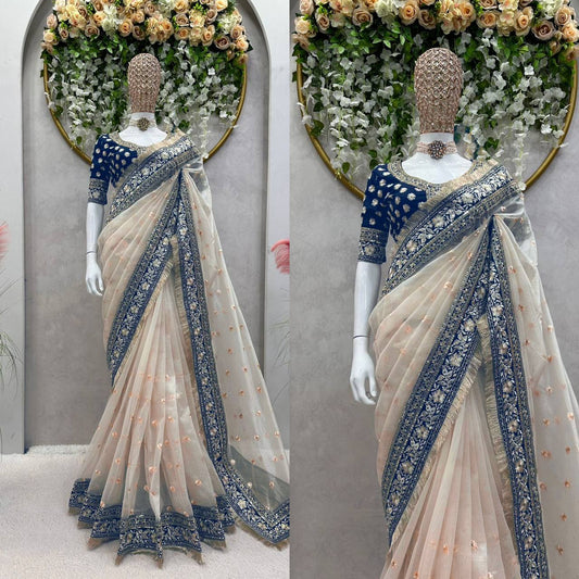 Beautiful Heavy Tissu Silk Fabric Thread Sequence Work With Fancy Lace Saree