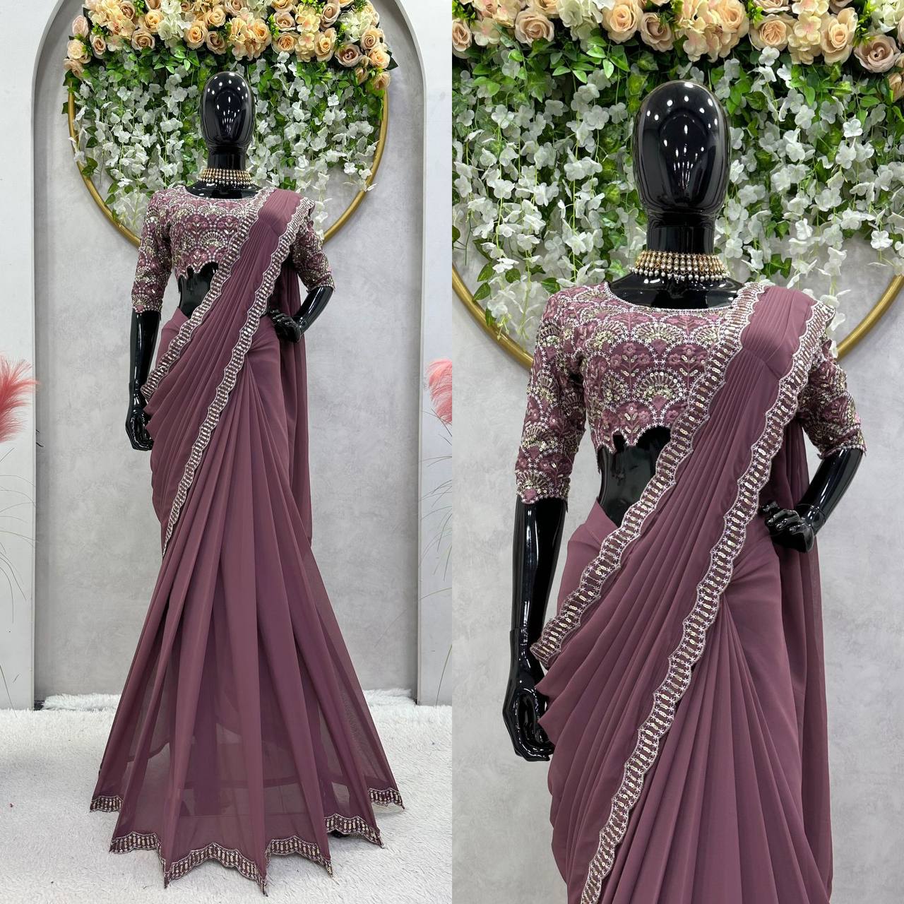 Ready To Wear Coffee Colour Georgette Fabric Thread And Sequence Work Saree