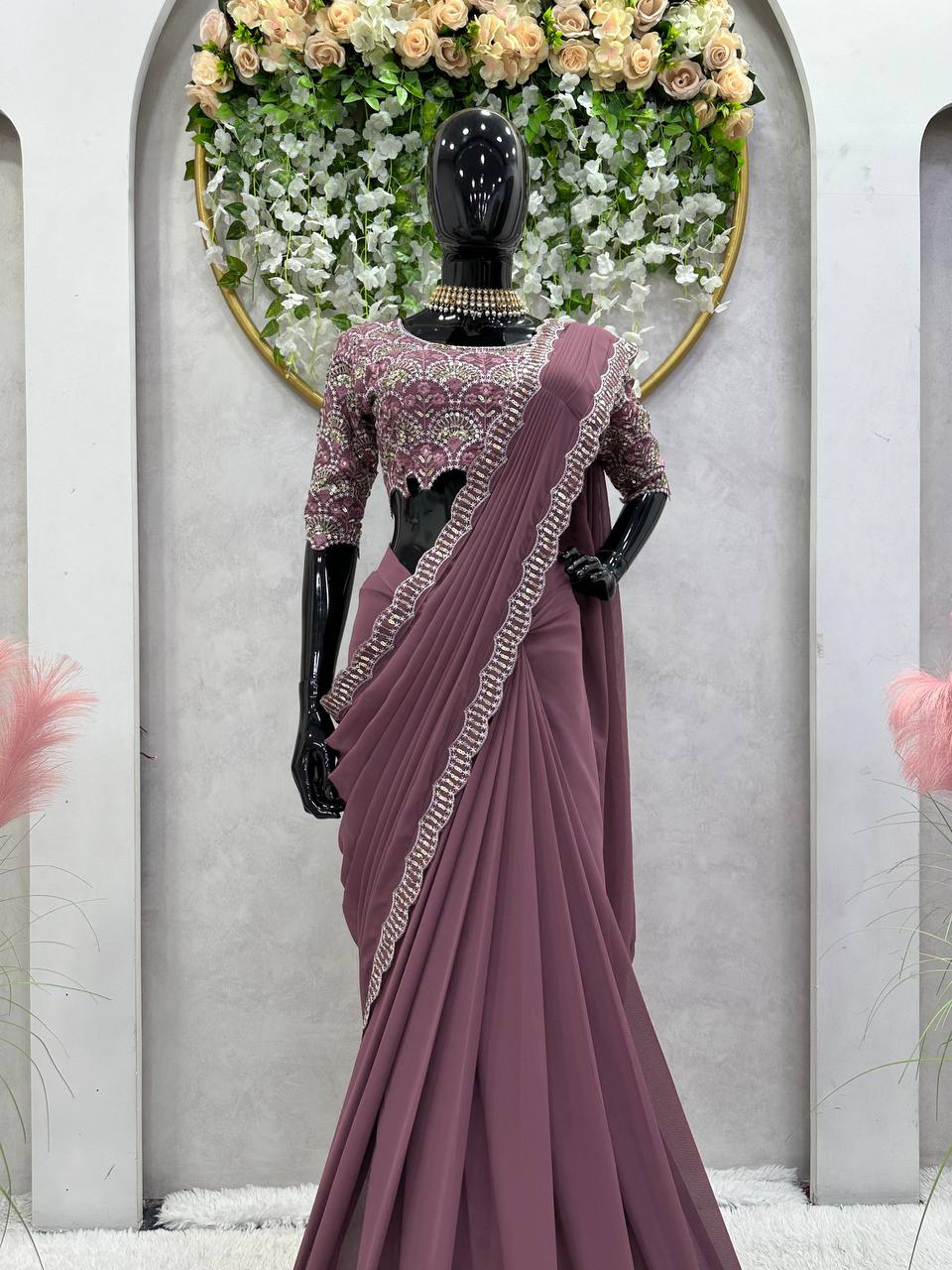 Ready To Wear Coffee Colour Georgette Fabric Thread And Sequence Work Saree