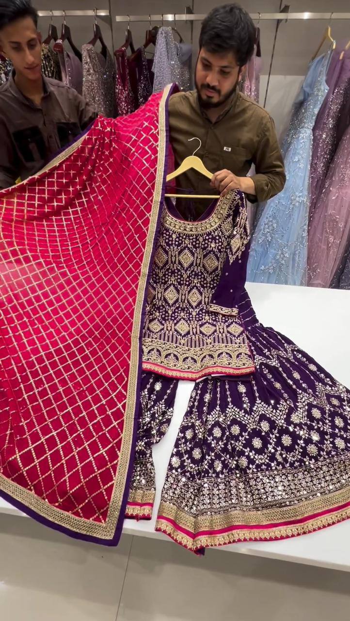 Fabulous Blue Colour Georgette Fabric Fully Stitched Sharara Suit