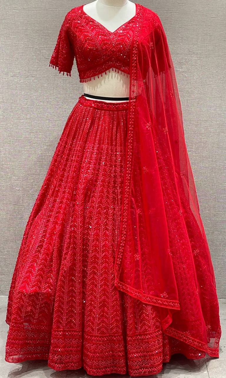 Demanding Georgette Fabric Thread Work Lehenga Choli With Butterfly Net Dupatta