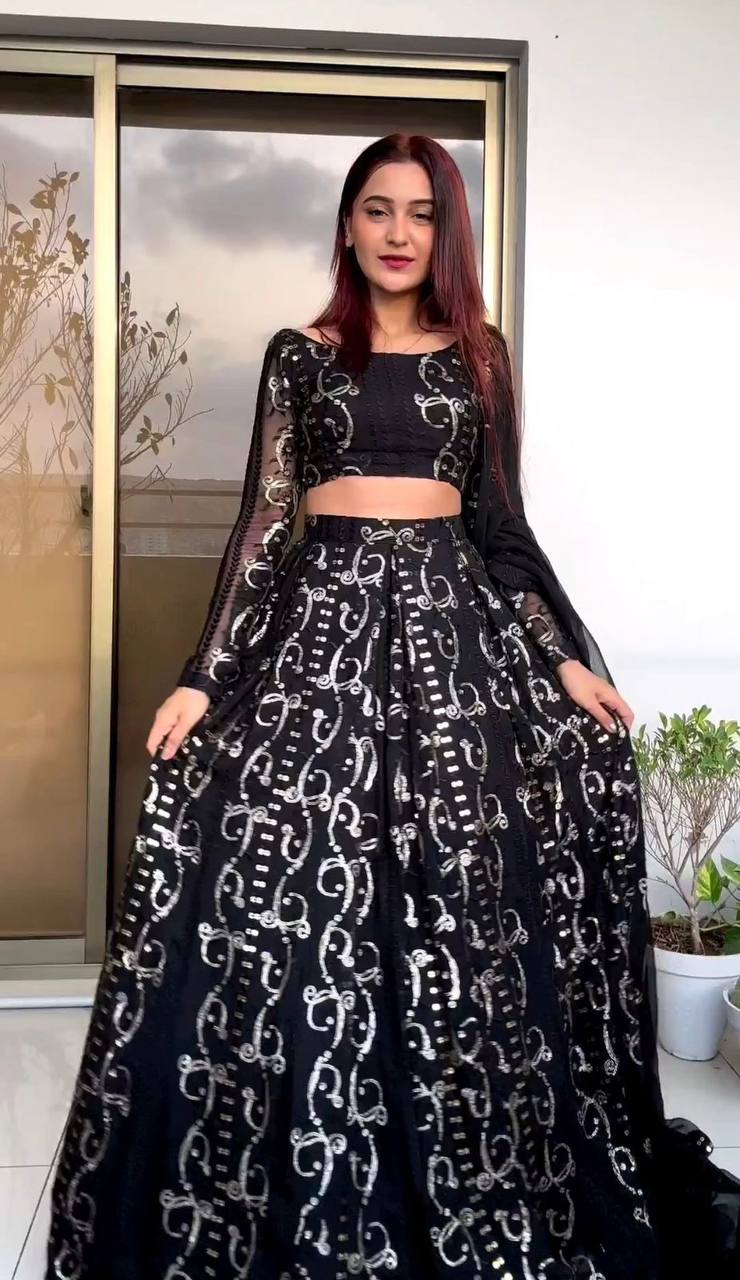 Designer Black Colour Georgette Fabric Thread Work Lehenga Choli With Dupatta