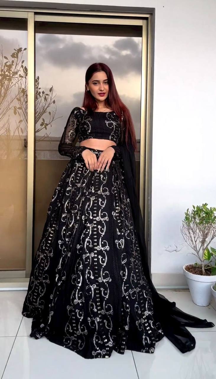 Designer Black Colour Georgette Fabric Thread Work Lehenga Choli With Dupatta