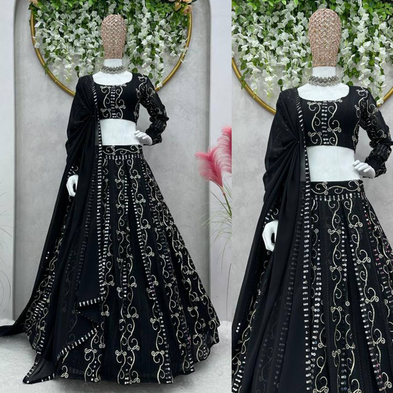 Designer Black Colour Georgette Fabric Thread Work Lehenga Choli With Dupatta