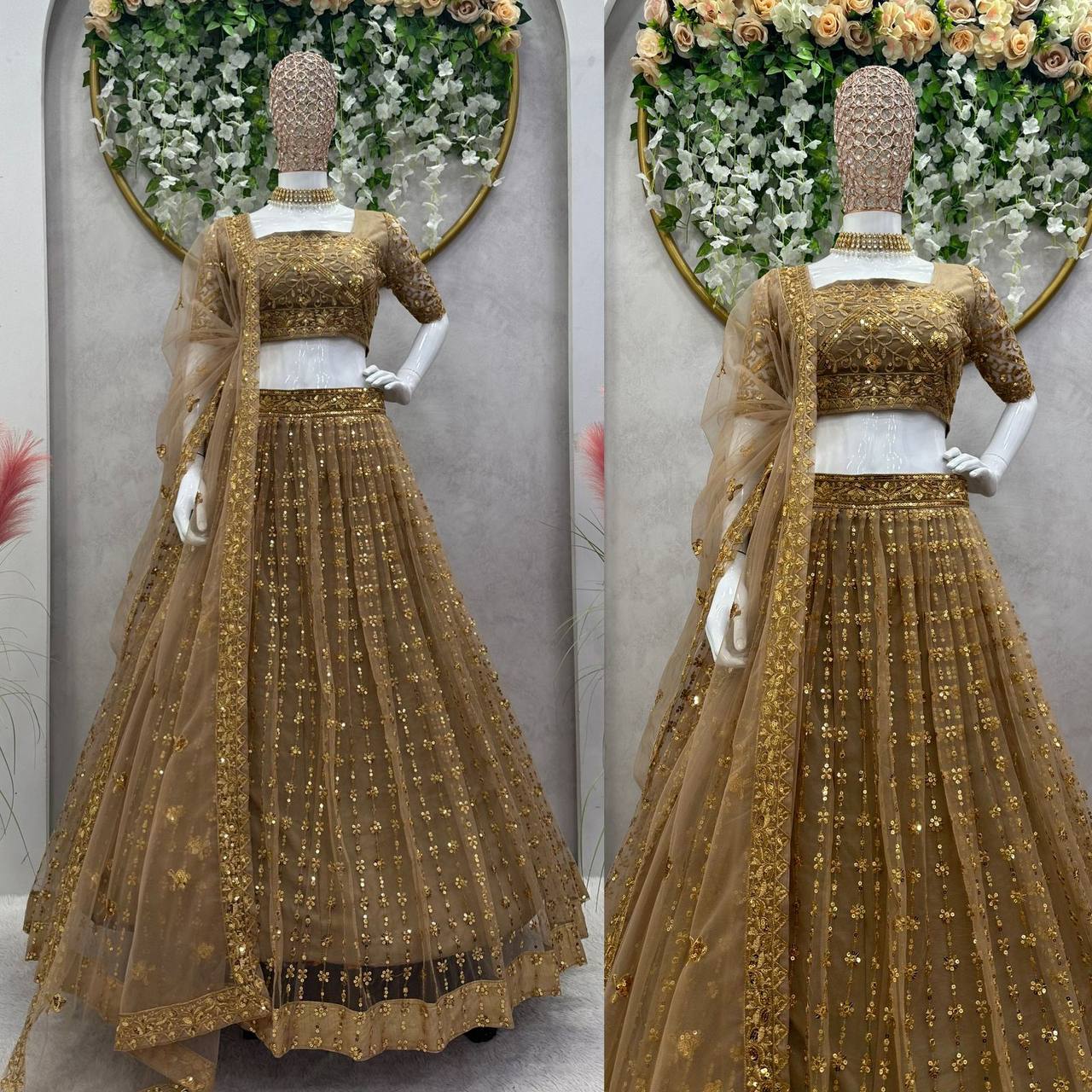 Golden Colour Butterfly Net Fabric Thread Work Lehenga Choli