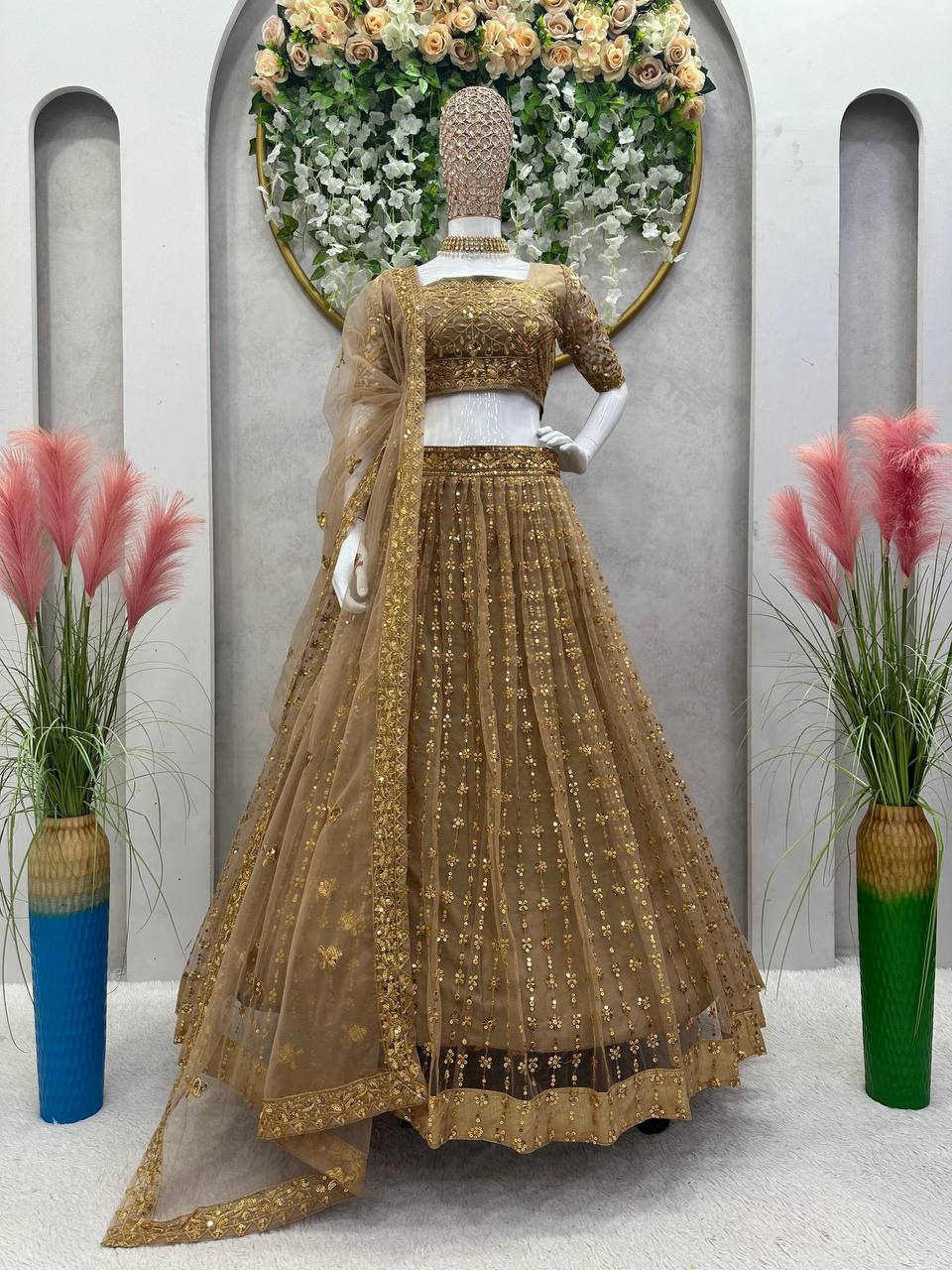 Golden Colour Butterfly Net Fabric Thread Work Lehenga Choli