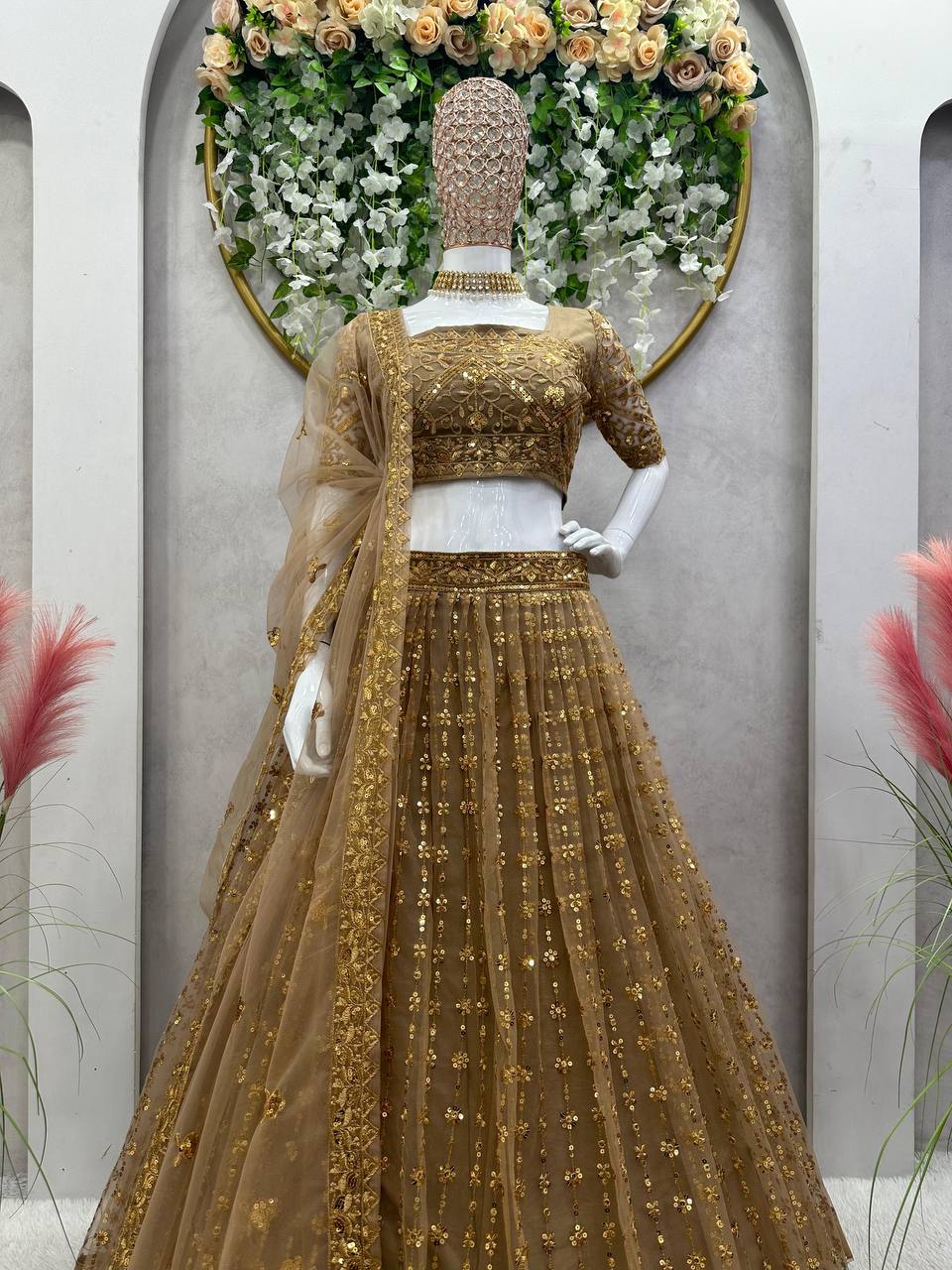 Golden Colour Butterfly Net Fabric Thread Work Lehenga Choli