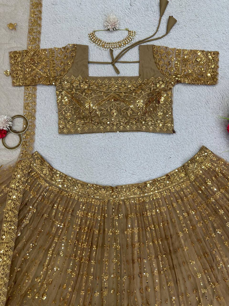 Golden Colour Butterfly Net Fabric Thread Work Lehenga Choli