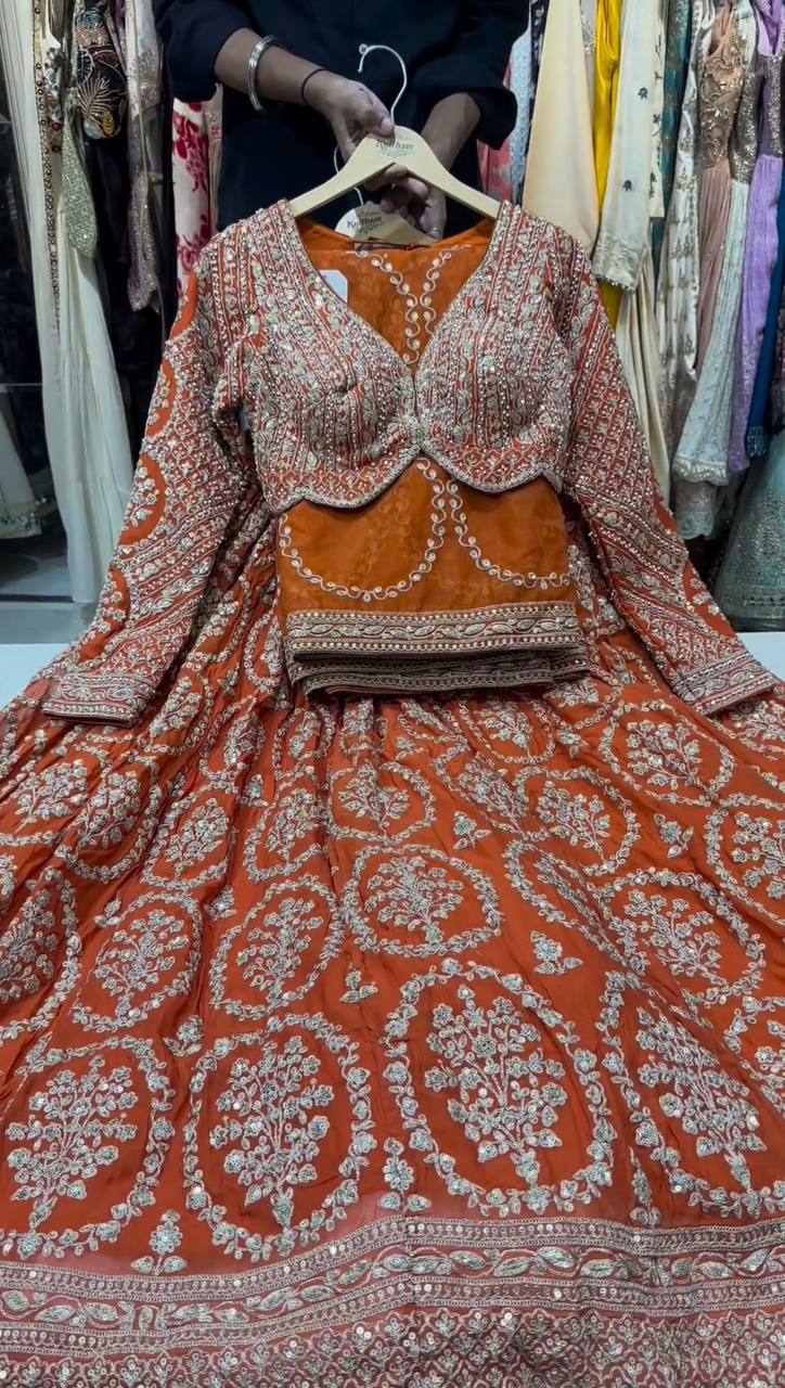 Wedding Wear Orange Colour Georgette Fabric Coding Dori With Sequence Work Lehenga Choli