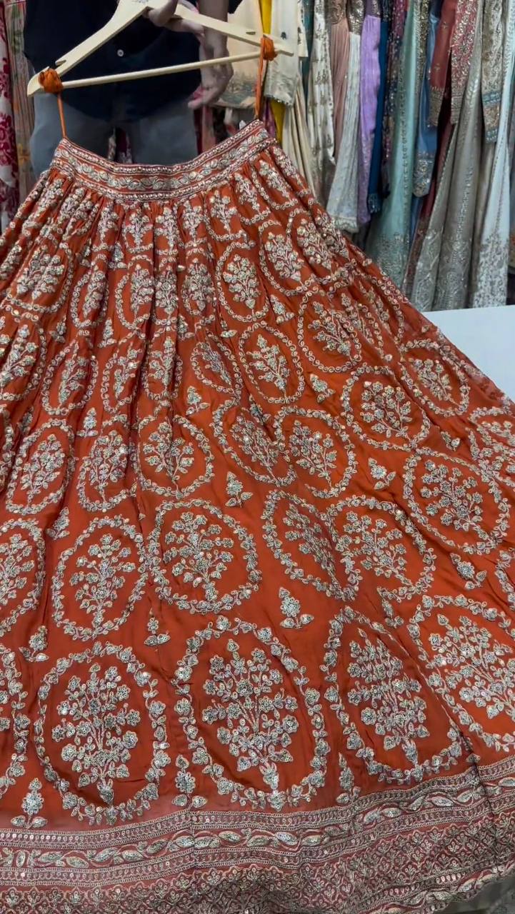 Wedding Wear Orange Colour Georgette Fabric Coding Dori With Sequence Work Lehenga Choli