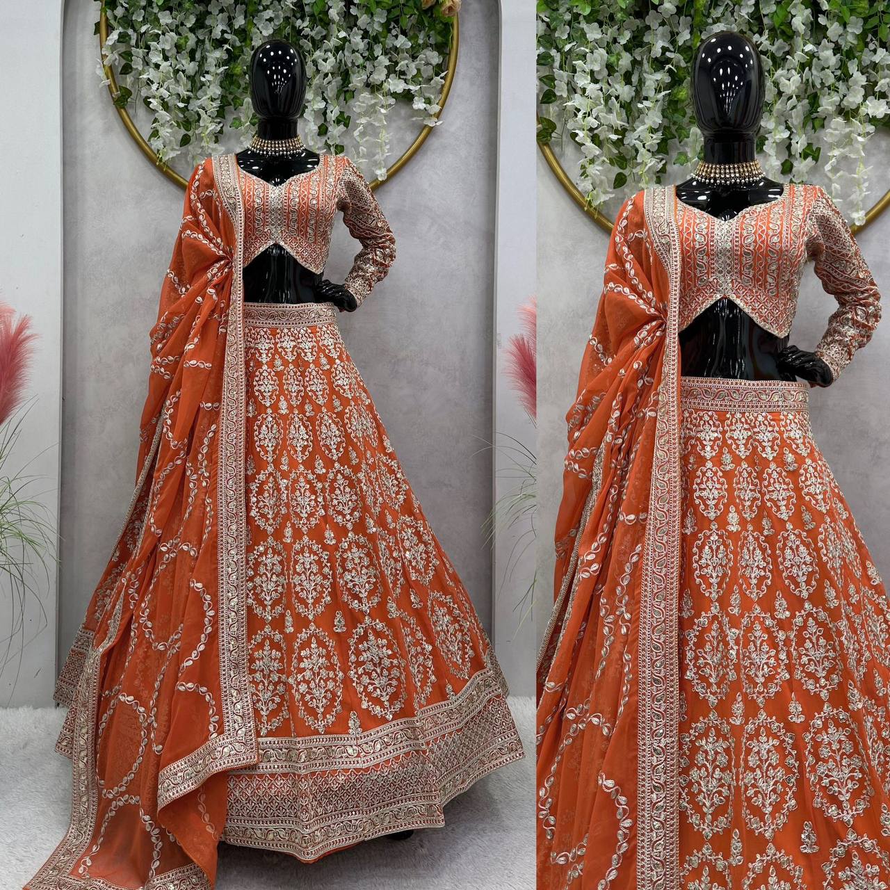 Wedding Wear Orange Colour Georgette Fabric Coding Dori With Sequence Work Lehenga Choli