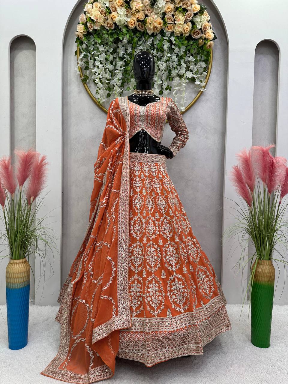 Wedding Wear Orange Colour Georgette Fabric Coding Dori With Sequence Work Lehenga Choli