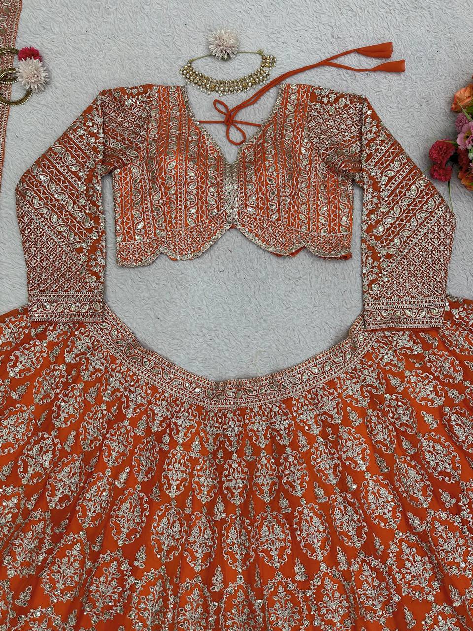 Wedding Wear Orange Colour Georgette Fabric Coding Dori With Sequence Work Lehenga Choli