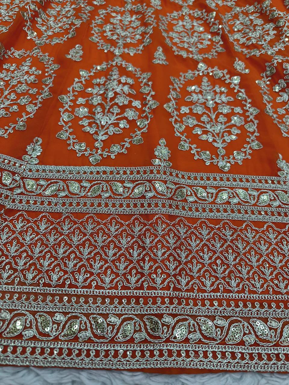 Wedding Wear Orange Colour Georgette Fabric Coding Dori With Sequence Work Lehenga Choli