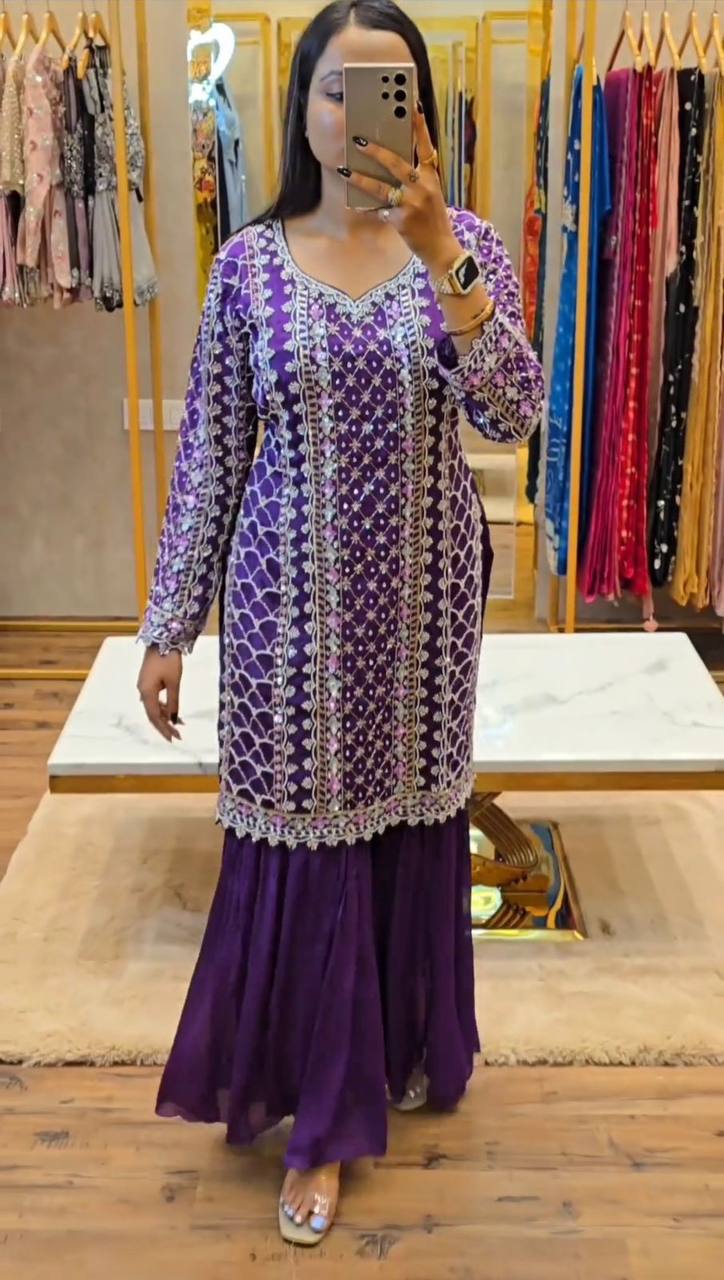 Amazing Purple Colour Chinon Silk Fabric Sharara Suit With Dupatta