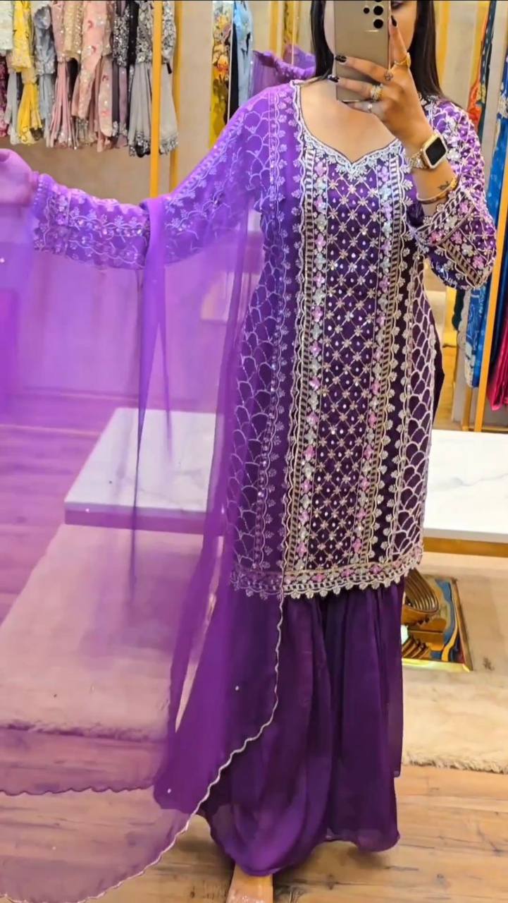 Amazing Purple Colour Chinon Silk Fabric Sharara Suit With Dupatta