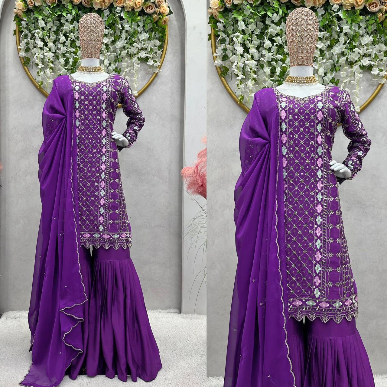 Amazing Purple Colour Chinon Silk Fabric Sharara Suit With Dupatta