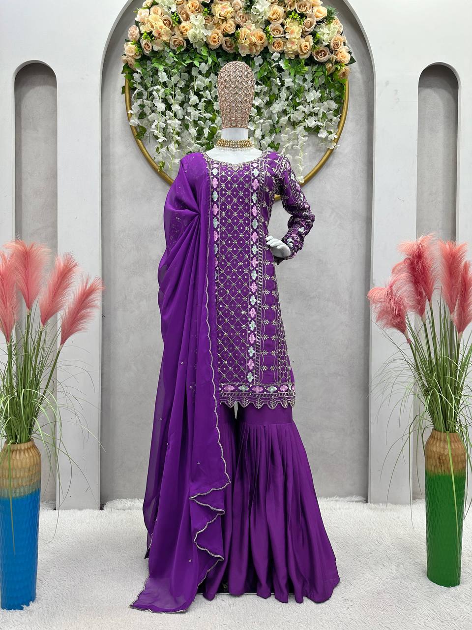 Amazing Purple Colour Chinon Silk Fabric Sharara Suit With Dupatta