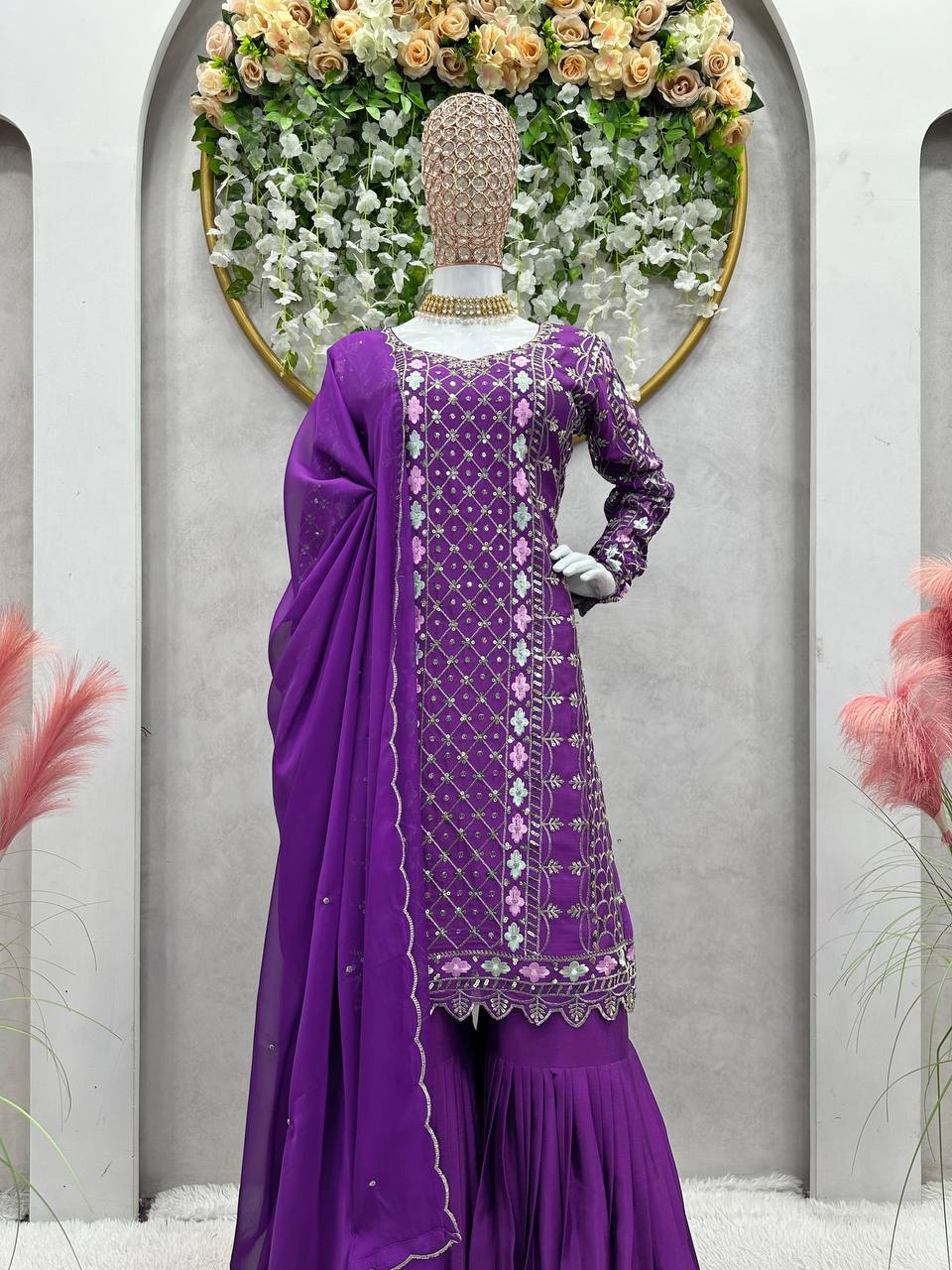 Amazing Purple Colour Chinon Silk Fabric Sharara Suit With Dupatta