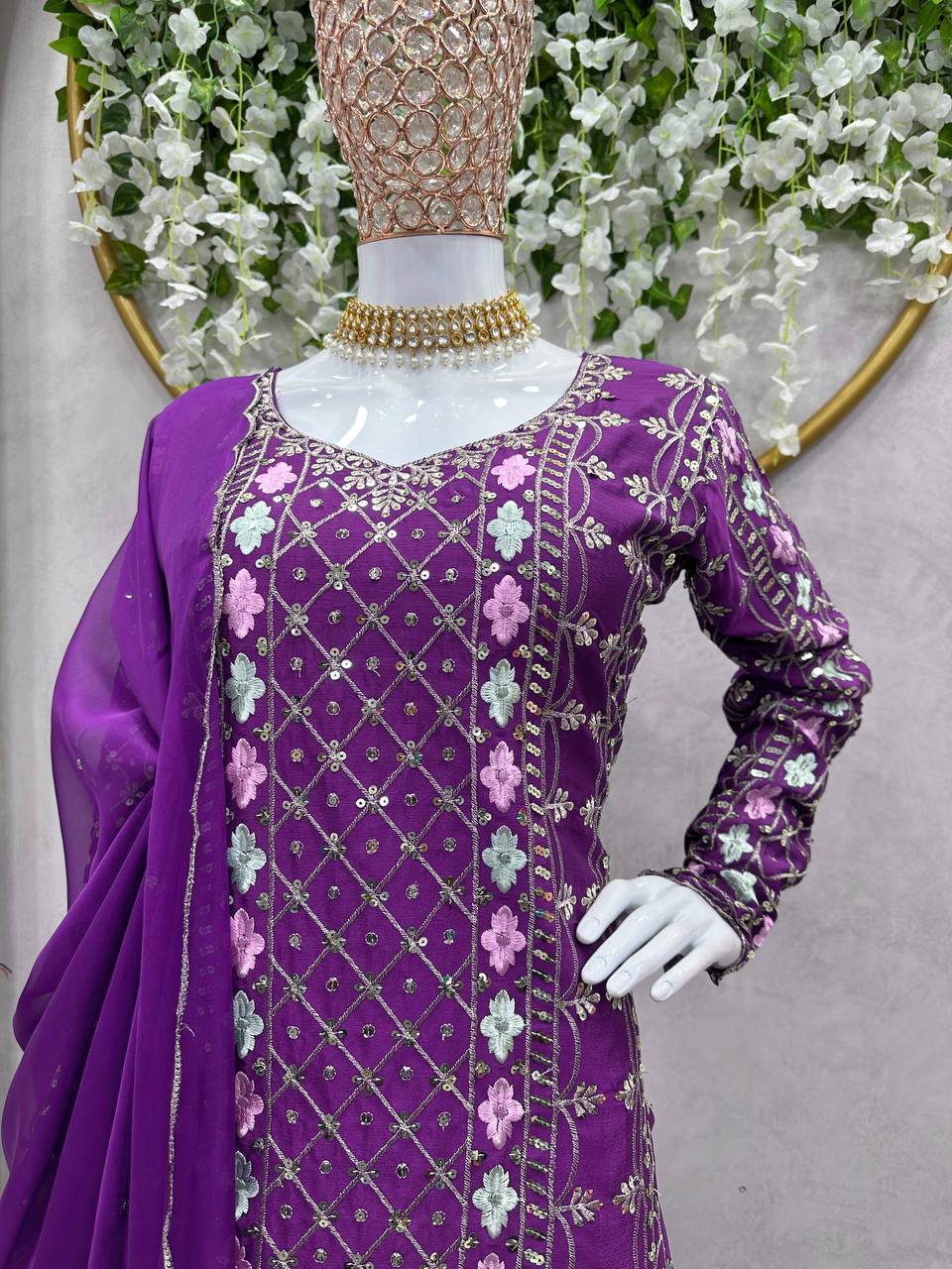 Amazing Purple Colour Chinon Silk Fabric Sharara Suit With Dupatta