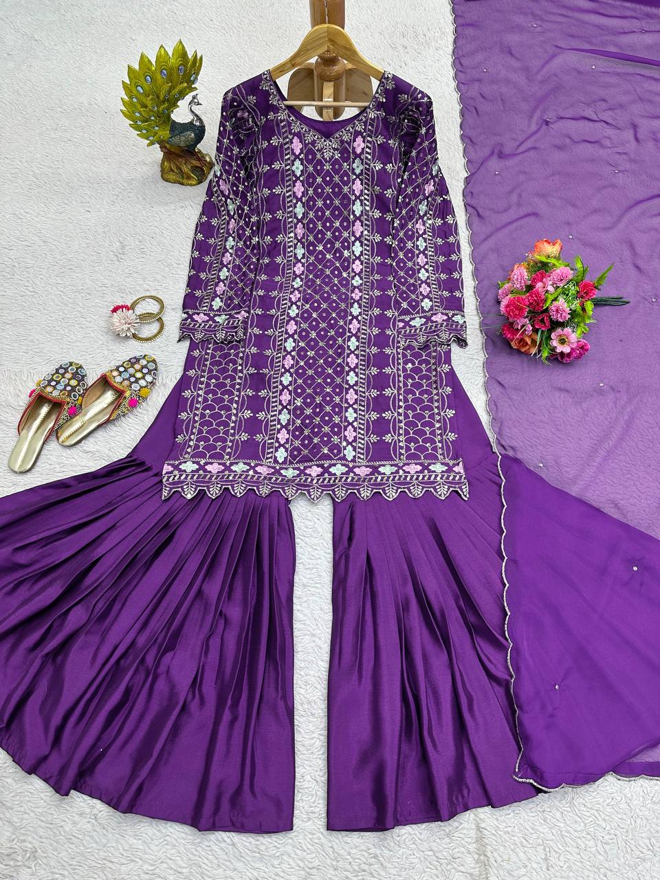 Amazing Purple Colour Chinon Silk Fabric Sharara Suit With Dupatta