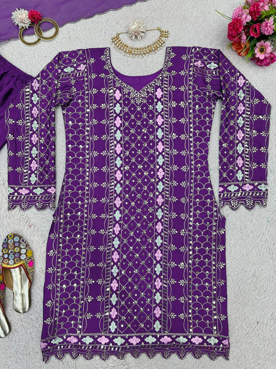 Amazing Purple Colour Chinon Silk Fabric Sharara Suit With Dupatta