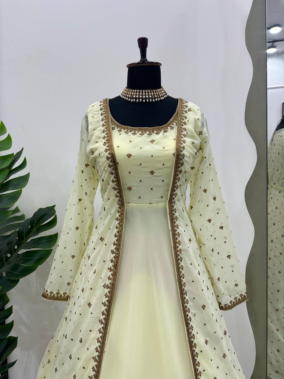 Beautiful Georgette Fabric Thread Work Gown With Shrug