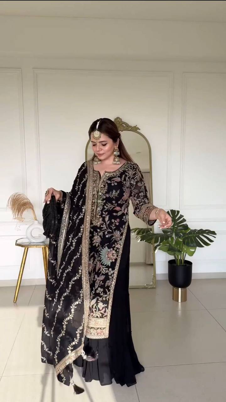 Attractive Black Colour Georgette Fabric Fully Stitched Sharara Suit With Dupatta