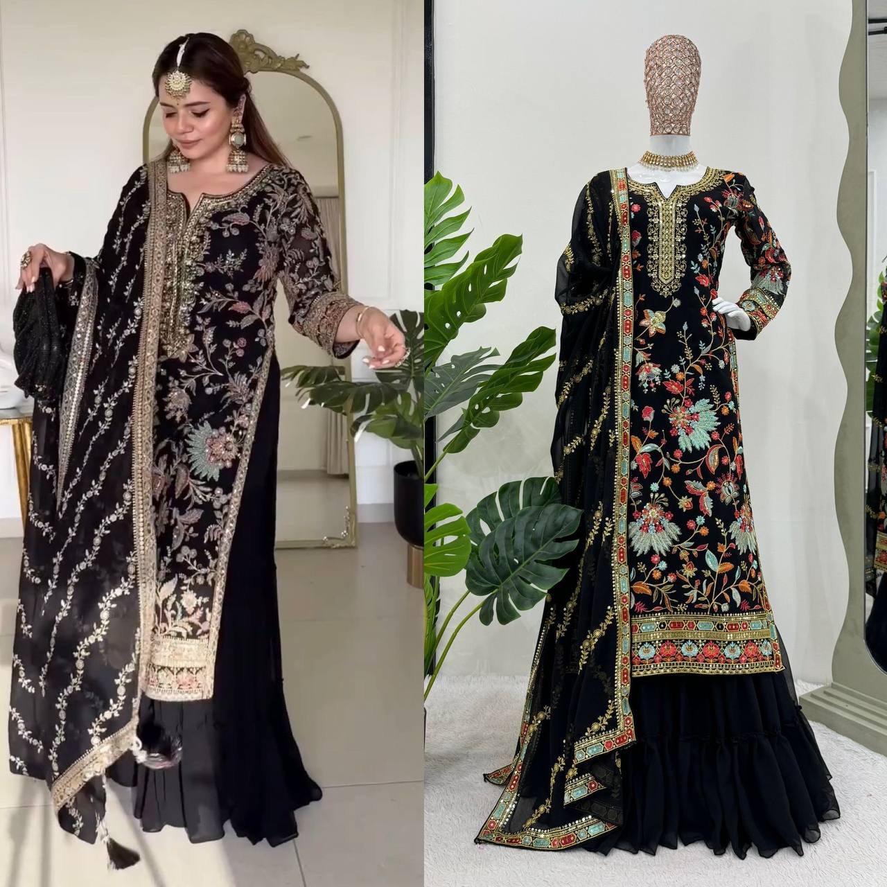 Attractive Black Colour Georgette Fabric Fully Stitched Sharara Suit With Dupatta