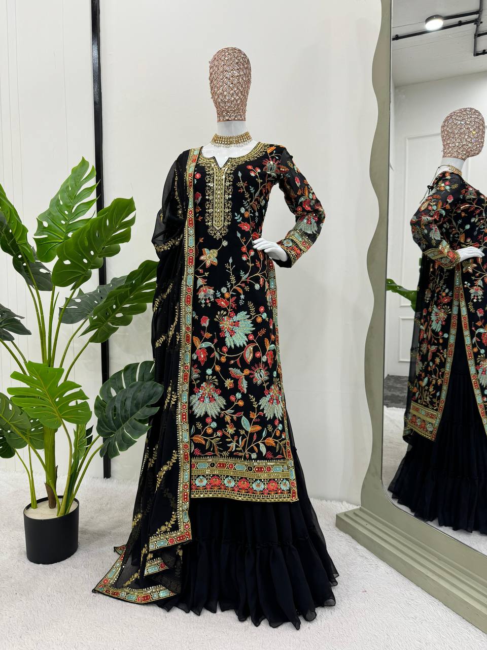 Attractive Black Colour Georgette Fabric Fully Stitched Sharara Suit With Dupatta