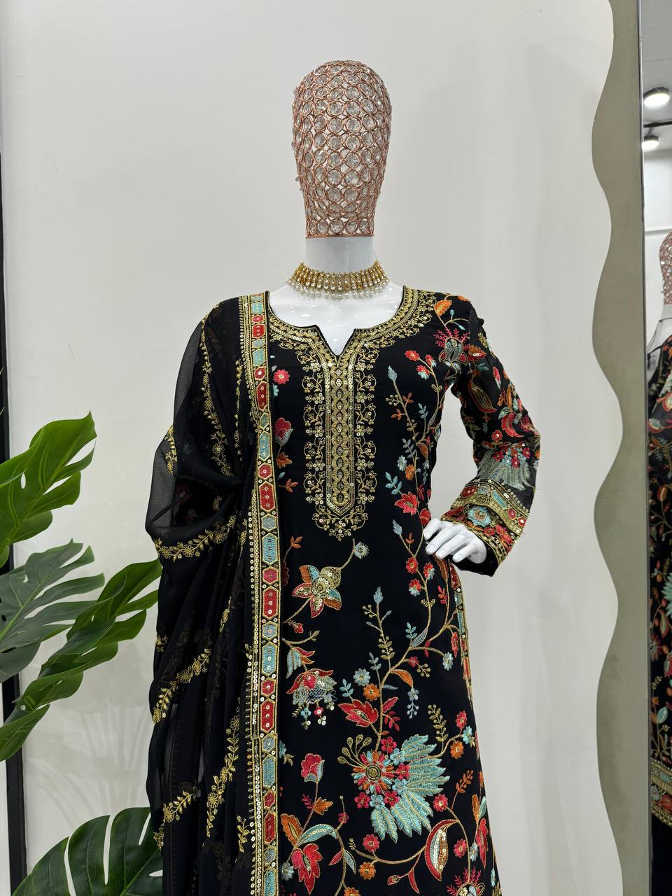 Attractive Black Colour Georgette Fabric Fully Stitched Sharara Suit With Dupatta