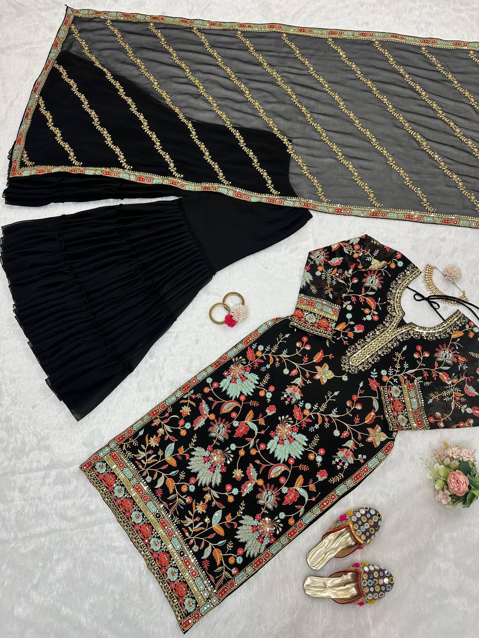 Attractive Black Colour Georgette Fabric Fully Stitched Sharara Suit With Dupatta