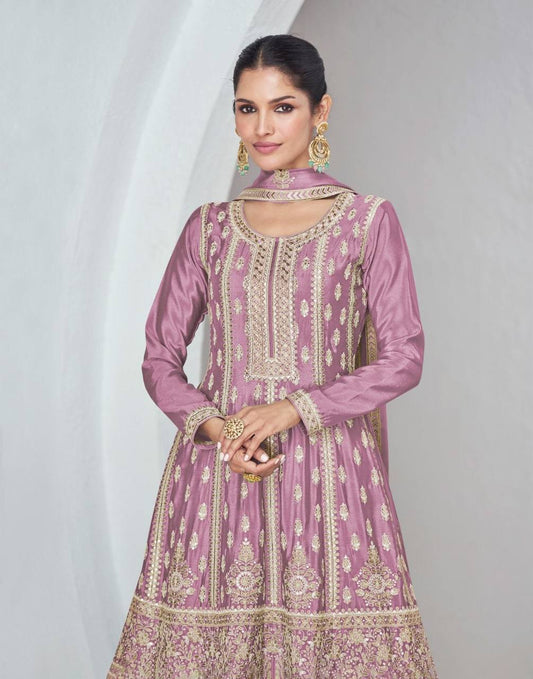 Beautiful Pink Colour Chinon Fabric Embroidery Work Fully Stitched Suit&nbsp;