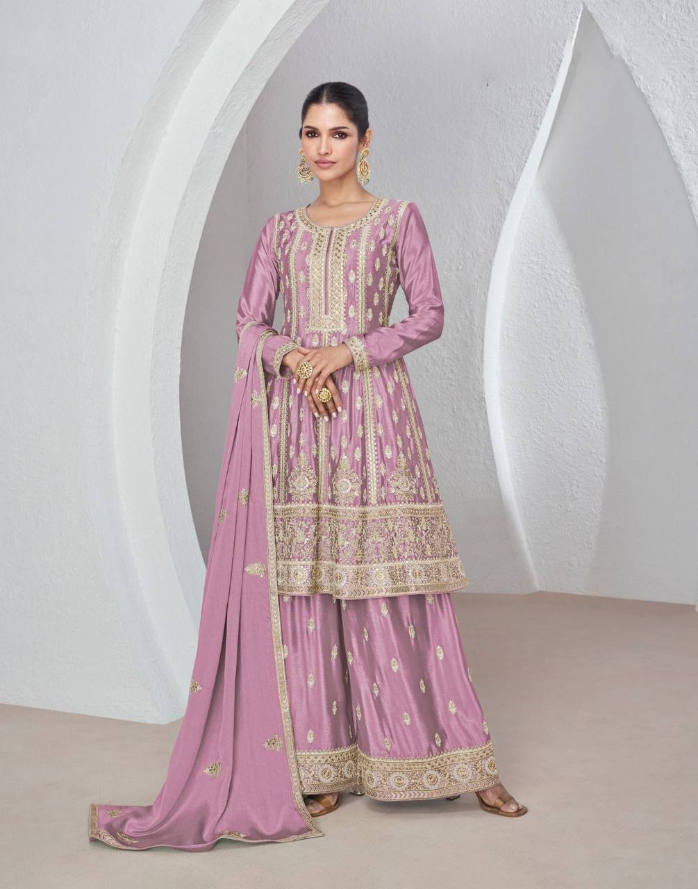 Beautiful Pink Colour Chinon Fabric Embroidery Work Fully Stitched Suit&nbsp;