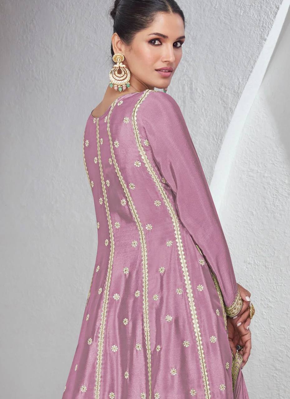 Beautiful Pink Colour Chinon Fabric Embroidery Work Fully Stitched Suit&nbsp;