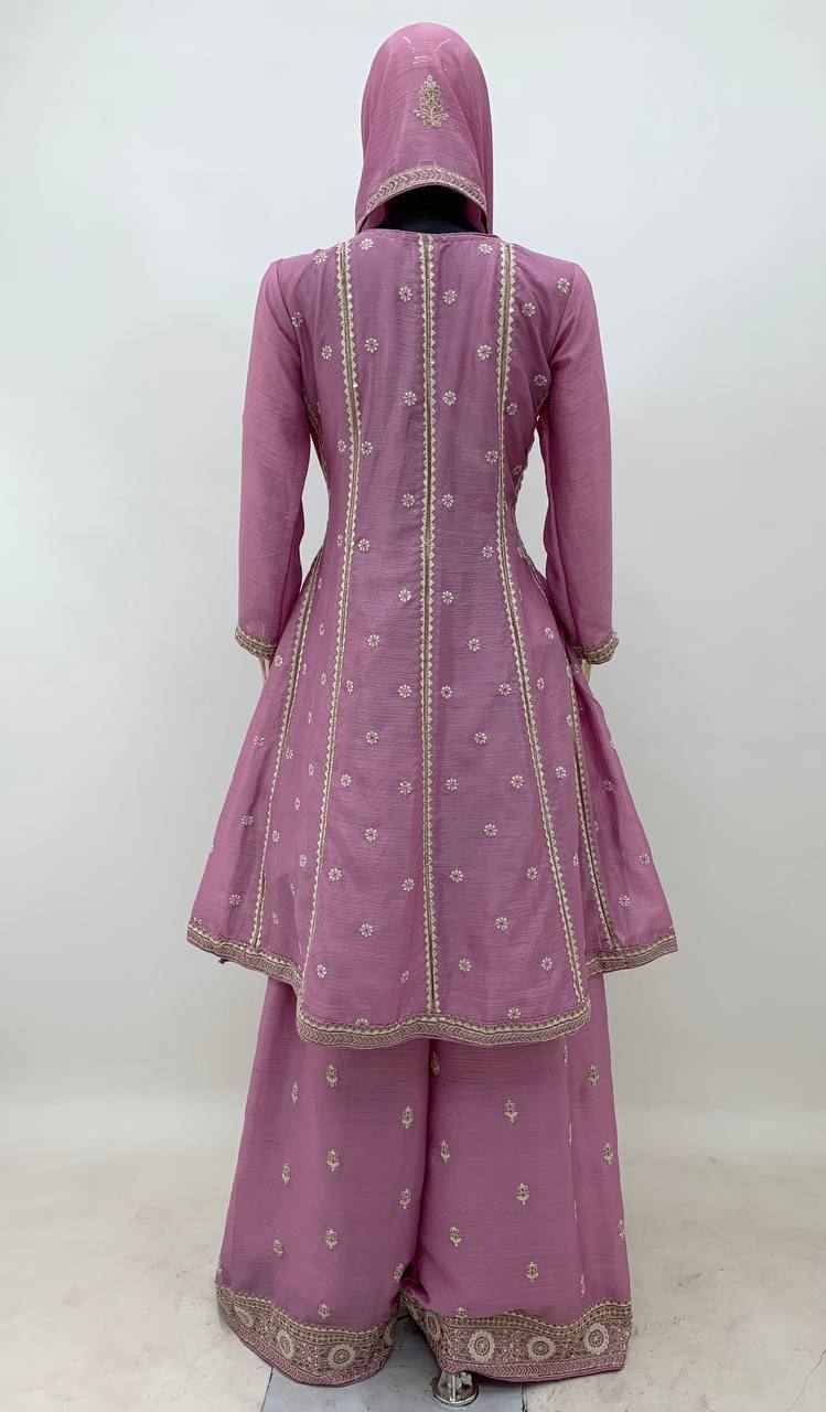 Beautiful Pink Colour Chinon Fabric Embroidery Work Fully Stitched Suit&nbsp;