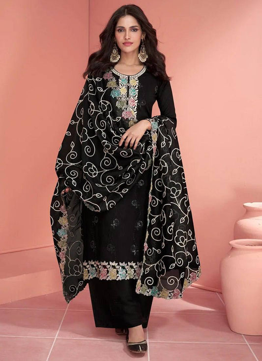 Demanding Black Colour Vichitra Silk Fabric Embroidery Work Fully Stitched Suit