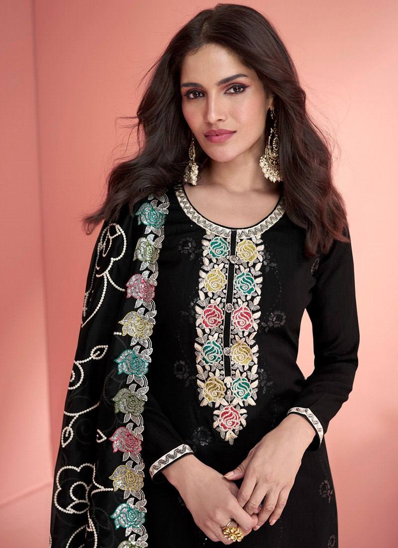 Demanding Black Colour Vichitra Silk Fabric Embroidery Work Fully Stitched Suit