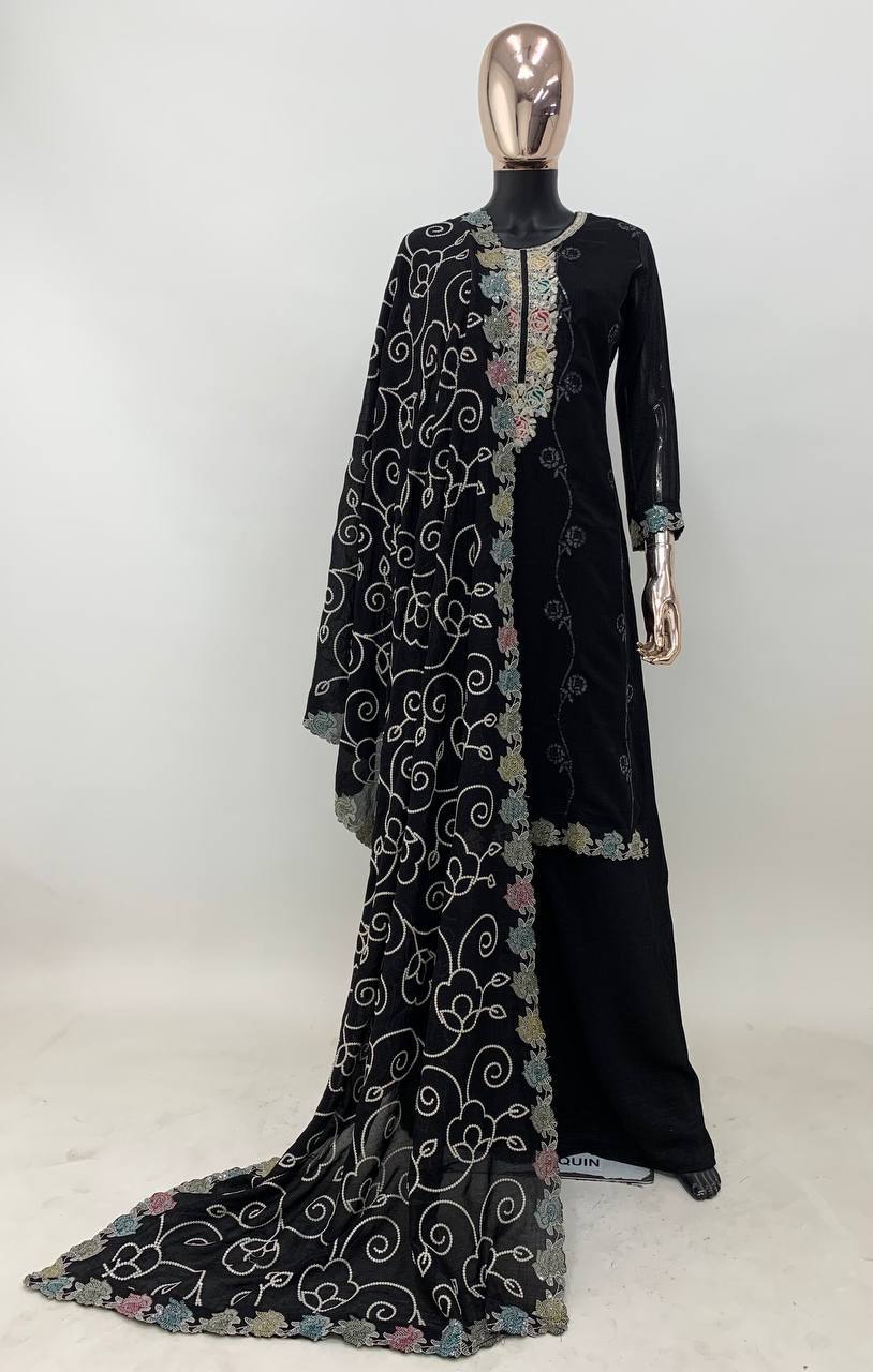 Demanding Black Colour Vichitra Silk Fabric Embroidery Work Fully Stitched Suit