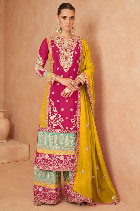 Designer Multi Colour Chinon Fabric Embroidery Work Fully Stitched Sharara Suit