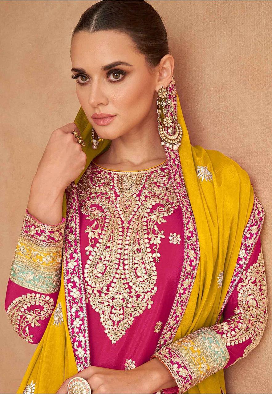 Designer Multi Colour Chinon Fabric Embroidery Work Fully Stitched Sharara Suit