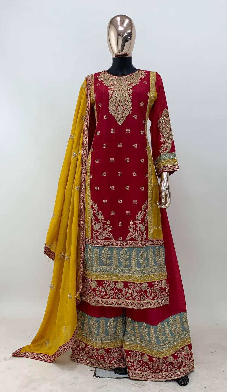 Designer Multi Colour Chinon Fabric Embroidery Work Fully Stitched Sharara Suit