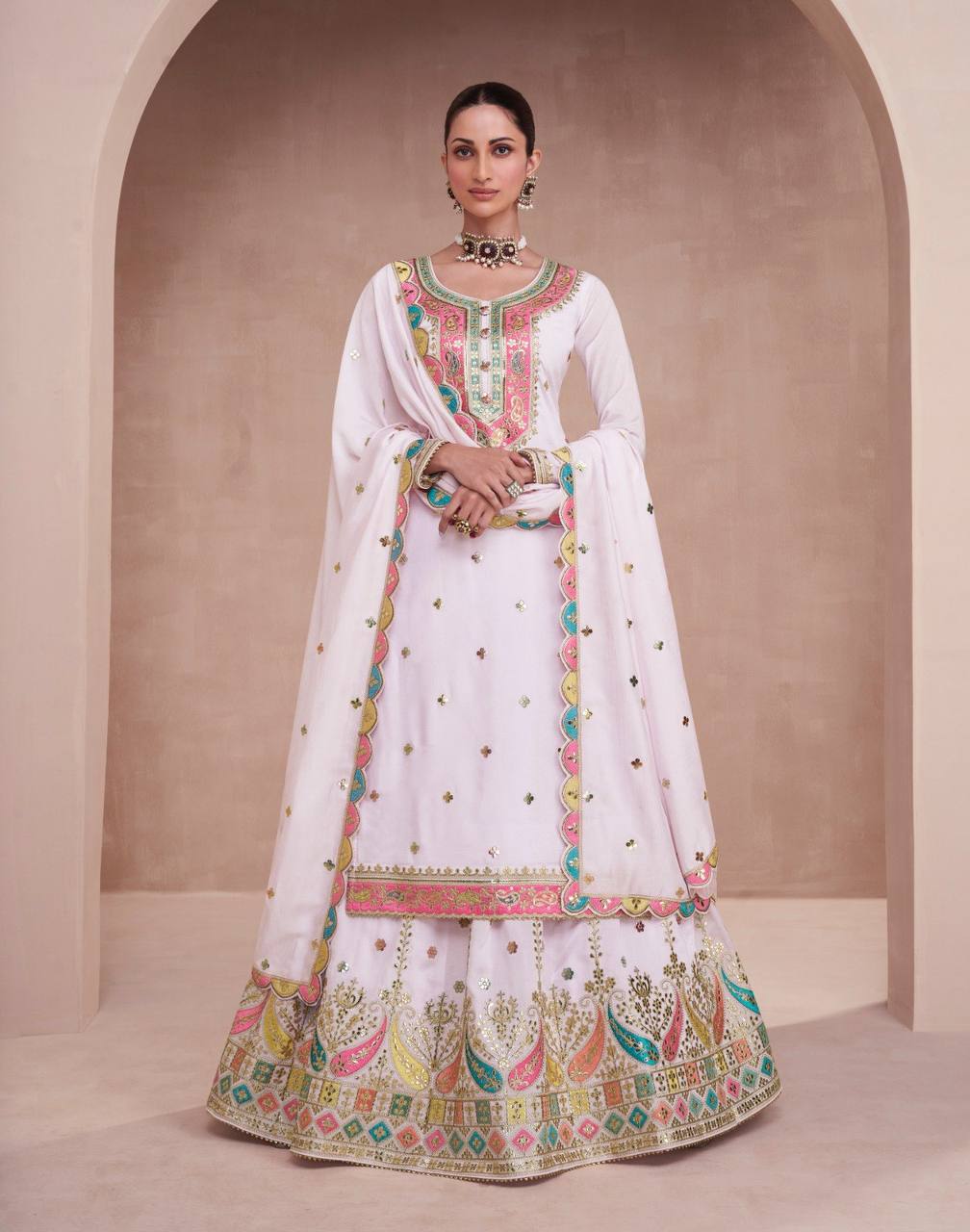 Beautiful Light Pink Colour Chinon Fabric Embroidery Work Fully Stitched Suit